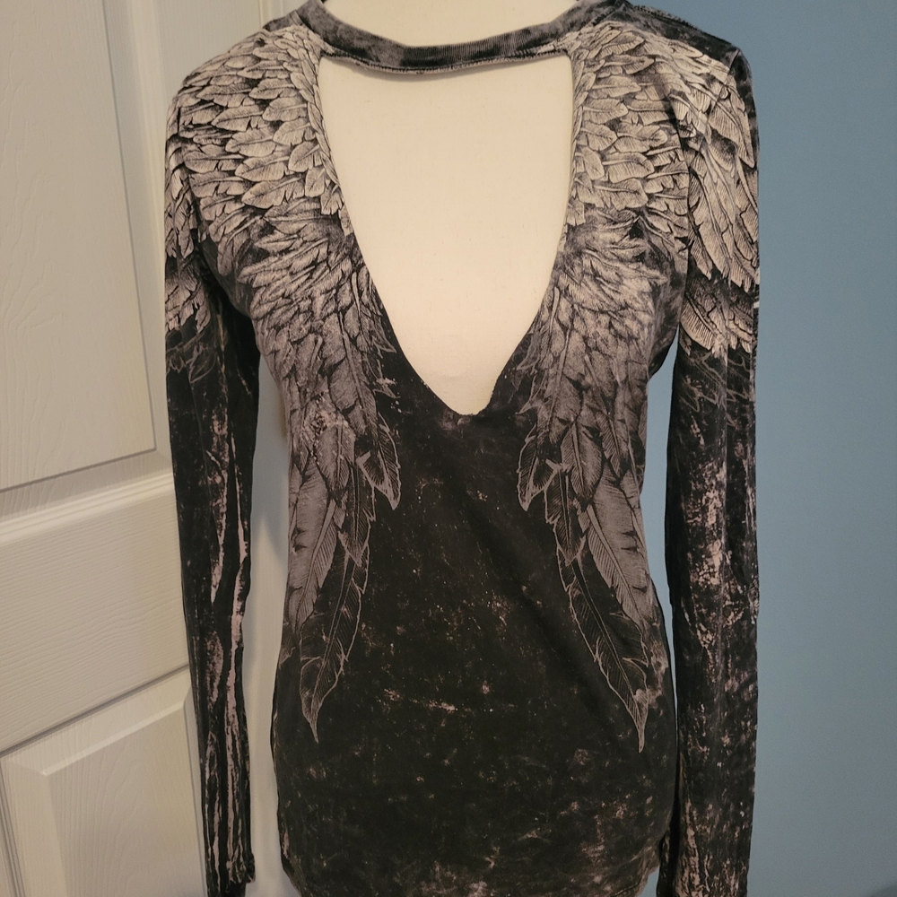 Affliction Black and Gray Angel Wing Long Sleeve Top